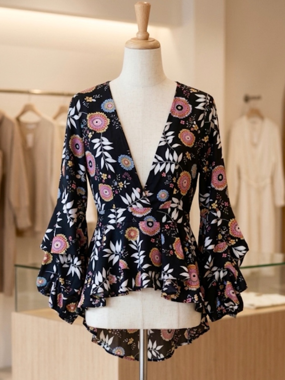 Rêveuse Deep V-Neck Black Floral Peplum Blouse